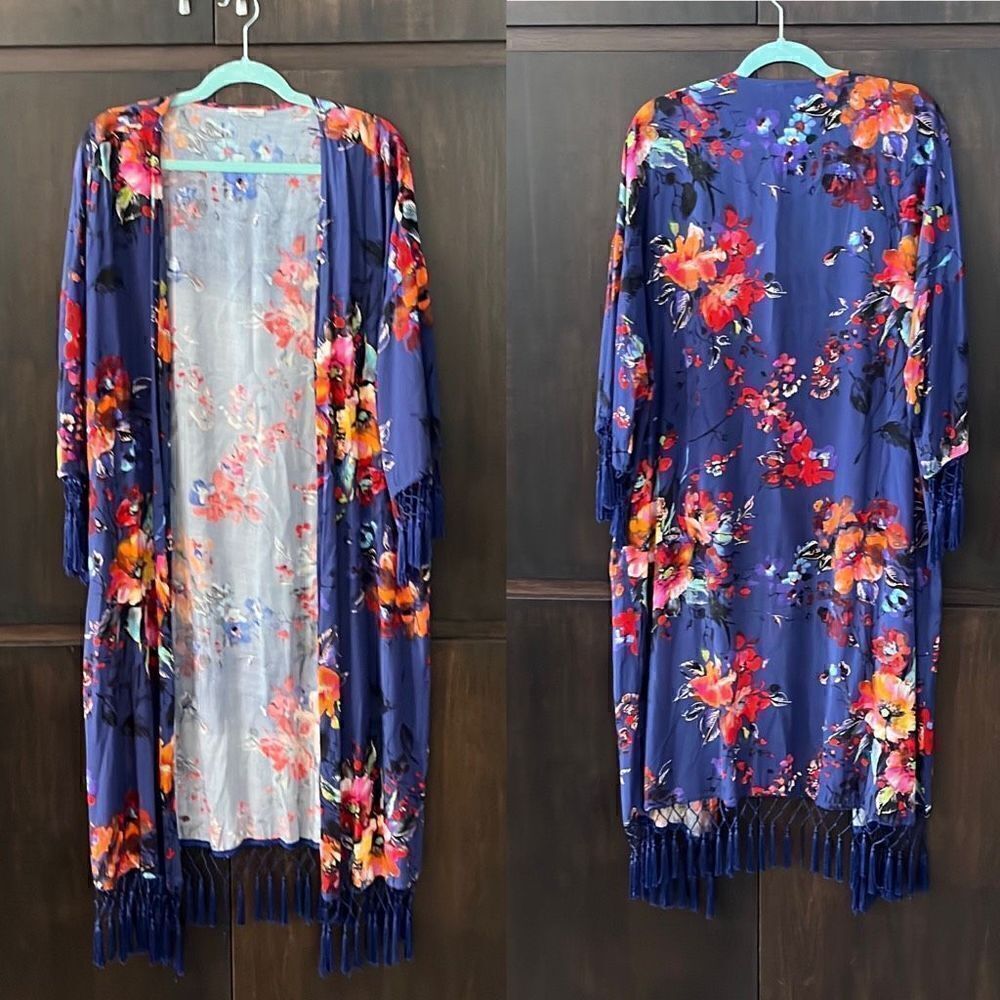 JodiFL Floral & Fringe Rayon Duster Kimono Small